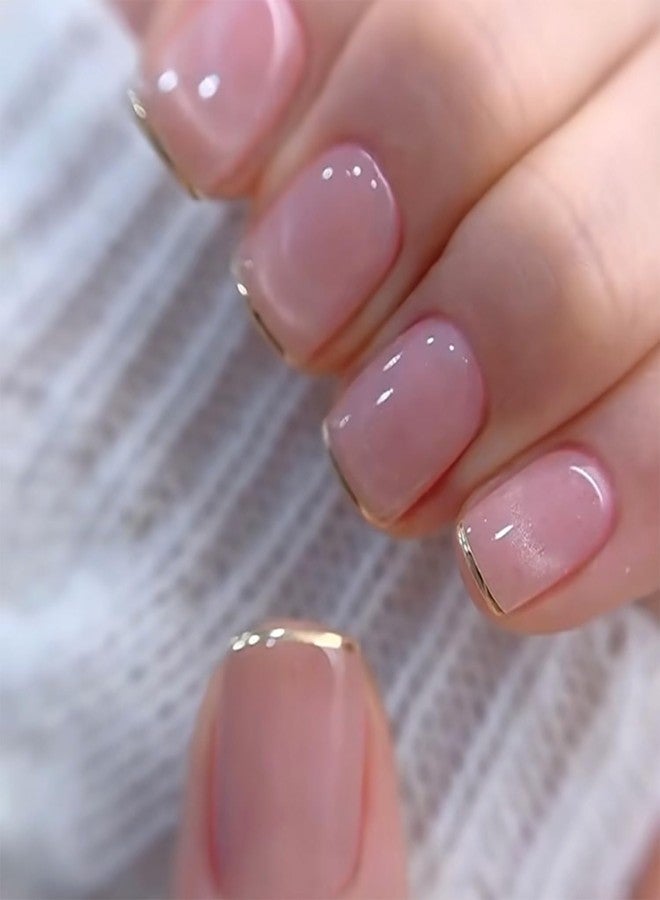 Vopintpy Nude Pink Press on Nails Short Square Fake Nails with French Tip Acrylic Glue on Nail Glossy Full Cover Artificial Stick on Nail for Women DIY Manicure - Image 1